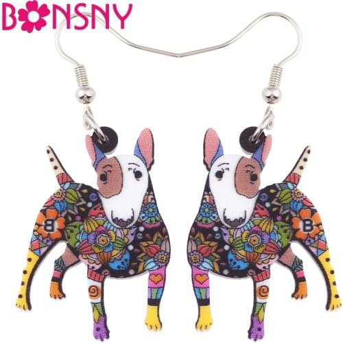 Bonsny Big Acrylic Dangle Drop English Bull Terrier Dog Long Earrings 2017 News Fashion Animal Jewelry For Women Girls Gifts