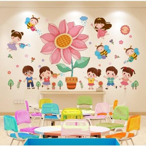 Large Cartoon Flowers Wall Stickers for Kids Room Decor Kindergarten Classroom Wall Decor Glass Window Stickers Removable Mural