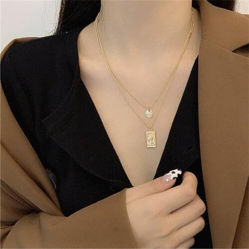 TIMRONLY Double Layering Pendant Necklaces Square Coin Queen Portrait Necklace for Women Ladies Small Link Chain Charm Jewellery