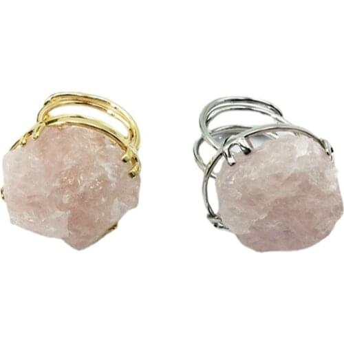 Natural Raw Gems ring Genuine Rose Quartzs Rings crystal stone jewelry for women pink color design gold or silvers band HOT SALE