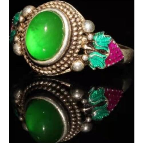 Collection Chinese old Tibetan silver cloisonne inlaid greenstone jade ring