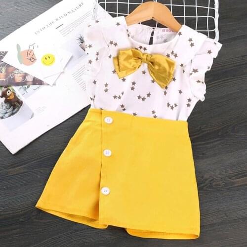 Fashion Girls Kids Summer Clothes Suit Sleeveless Stars Printed Doll Collar Shirt Tops Solid Color A-line Shorts Skirt Costume