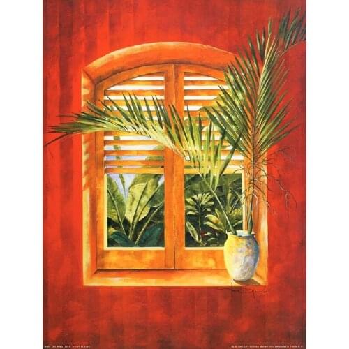 Beautiful picture art canvas oil painting of the window Banana leaves and tree leaves fine living room art