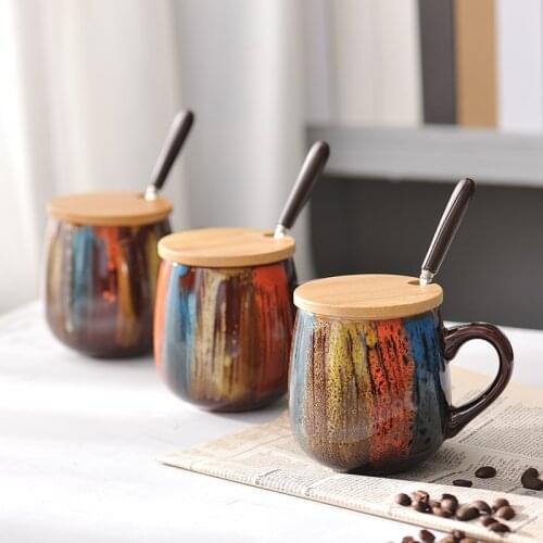 Large capacity milk breakfast mug Hand painted ceramic mug with lid coffee cup with spoon oatmeal mug