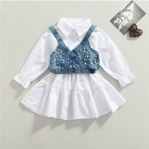 Fashion Kids Summer 2Pcs Outfit, Solid Color Lantern Sleeves Shirt Dress + Denim Beading Vest for Girls, 1-6 Years
