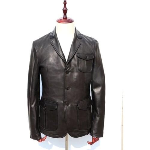 2019 mens litaly genuine leather suit smart casual slim fit goat skin Three buckles Leisure Suit men leather jacket male