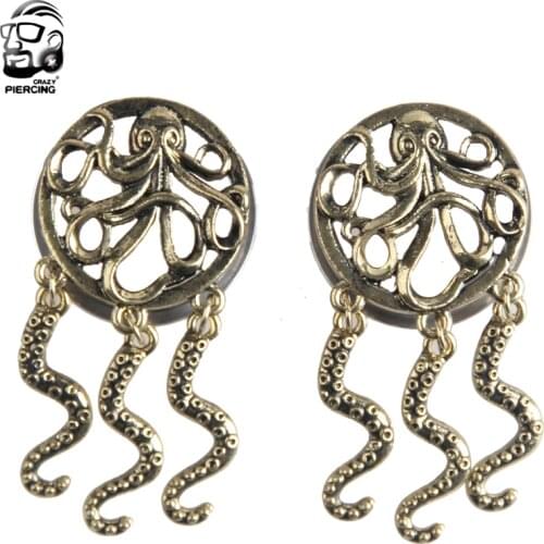 New Arrival Fashion Octopus Dangle Stainless Steel Ear Plug Tunnels Piercing Body Jewelry Screw Ear Expander Stretcher