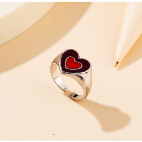 New Korean Double Layer Dripping Oil Enamel Heart Rings For Women Trendy Couple Jewelry Gold Silver Color Adjustable Open Ring