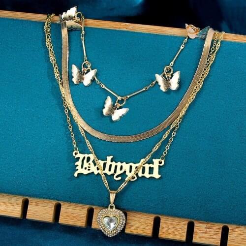 Multi Layer Red Pink Purple Heart Crystal Pendants Necklace for Women Gold Color Metal Babygirl Butterfly Choker Necklace Bijoux