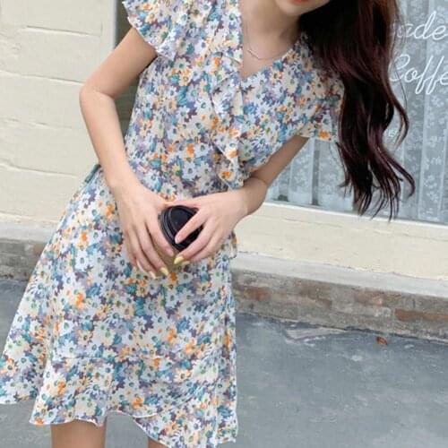 Summer Women’s Floal A-Line Dress Sweet Elegant Fashion Floral Print Women Summer V Neck Ruffled Sleeve High Waist Lace Up Dress