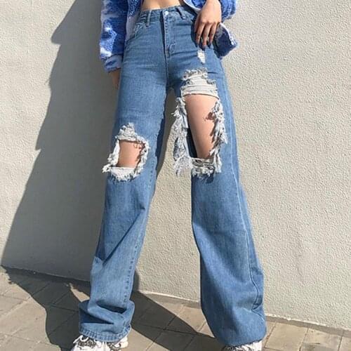Dropshipping!! 2021 Fashion Women Jeans Loose High Waist Straight Irregular Ripped Jeans Women Accessory for Daily Wear