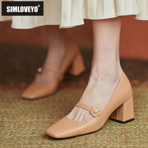 SIMLOVEYO New 2021 Women Pumps Square Toe 6.5cm Block Heels Buckle Flower Consice Stylish All-Match Big Size 48 Spring A3480