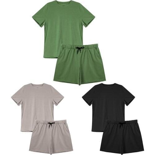 Sport Pajama Suit Men Summer Casual Two-Piece Tracksuit Solid Color Outfit Crew Neck Short Sleeve T-Shirt with Drawstring Shorts