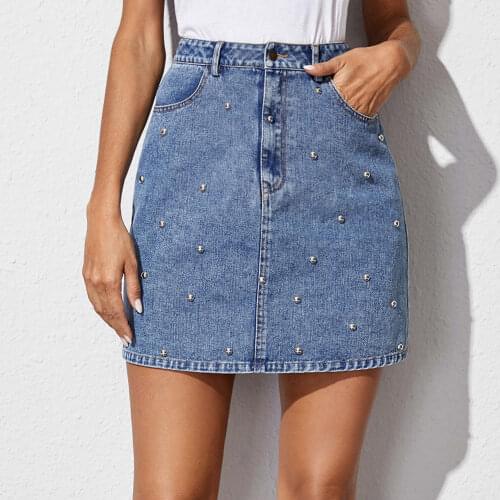 Womens Short Denim Skirt Retro Fashion Beaded High Waist Denim Short Skirt Student Summer All-match Wearable Blue Bust Skirts