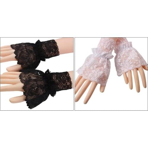 Women Single Layer Floral Lace Wrist Cuffs Ruffled Flared Detachable Fake Sleeves Wedding Sunscreen Fingerless Gloves