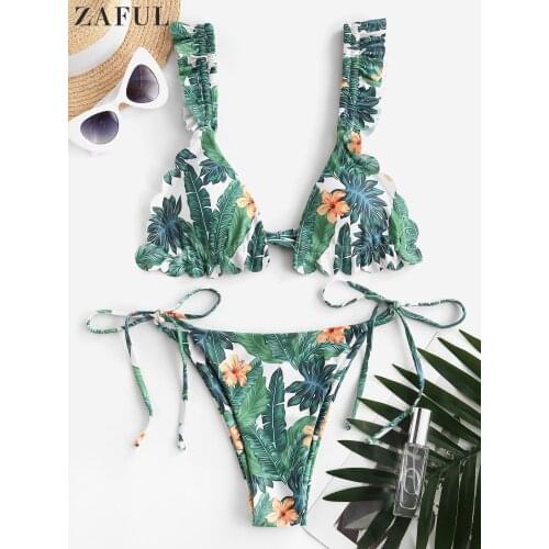 ZAFUL Leaf Print Tie Side Triangle Bikini Set Women Floral Ruffle String Swimwear Summer Sexy Beach Brazilian Bandage SwimSuit
