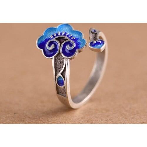 New Original Designer Craftsmanship Cloisonne Thai Silver Opening Adjustable Ring Chinese Retro Charm Womens Silver Jewelry