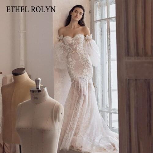 ETHEL ROLYN Mermaid Wedding Dress 2021 Graceful Strapless Beaded Lace Appliques Backless Bride Removable Puff Sleeve Bridal Gown
