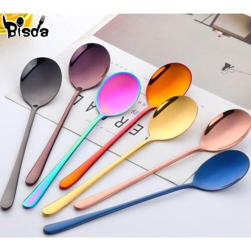 1Pc Korea Spoon Stainless Steel Dessert Spoon Gold Dinner-spoon Round Soup Spoon Long Handle Tableware Portable Kit Party Tools