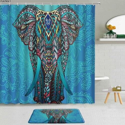 2Pcs Wild Animal Elephant Shower Curtain Bohemia Pattern Blue Background Sunset Bathroom Curtains Fabric Non-Slip Bath Mat Set