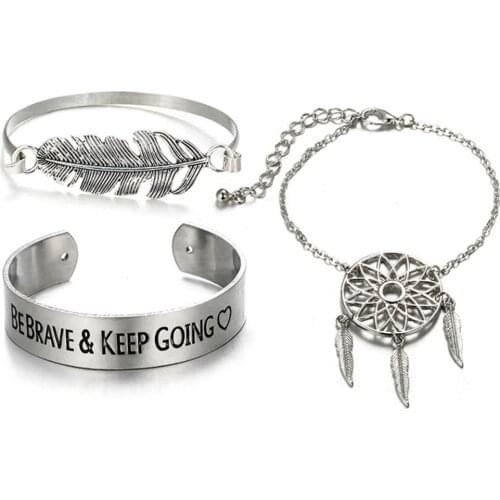 Long Leaf Dreamcatcher Bracelet Antique Carve Feather Bracelet Be Brave Keep Going Open Bangle Women Fashion Jewelry