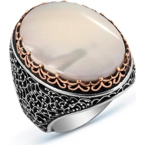 925 Sterling Silver Ring For Man Real Pure Mother of Pearl Turquoise Amber Tiger Eye Stone Handmade Turkish Jewelry