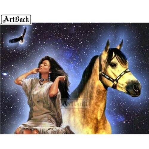 5d diy diamond painting horse indian woman kit full square / round drill 3d diamond embroidery resin mosaic home decoration SE26