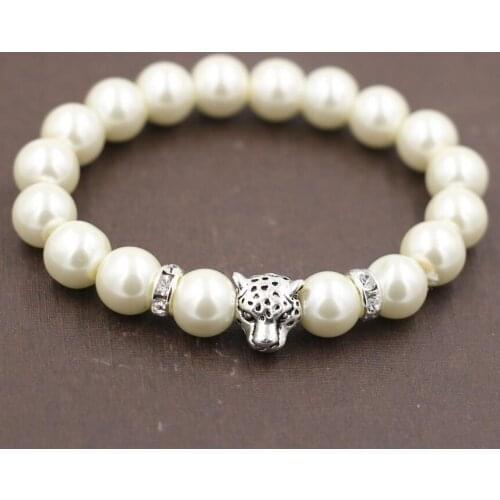 BPPCCR 10mm Imitation Pearl Hand string prayer beads female Bracelets Leopard lion head Crystal Beads Elasticity pulsera