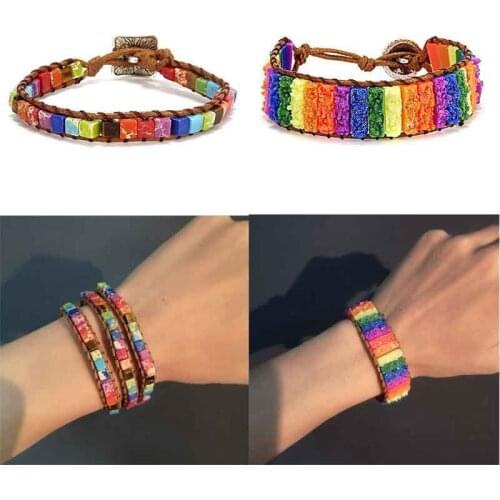 Artificial Leather Bracelet Womens Wrap Jewelry Chakra Bangle Gift Natural Stone Tube Beads