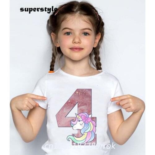Summer 2021 Number 2~9th Happy Birthday Unicorn Girls Shirts Kids O-neck Short Sleeve T-shirt Toddler White Girls Tops dHKP409