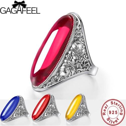 GAGAFEEL Vintage Red Garnet 925 Sterling Silver Women Rings Blue Pink Oval Retro Exaggerated Female Silver Rings Finger Jewelry