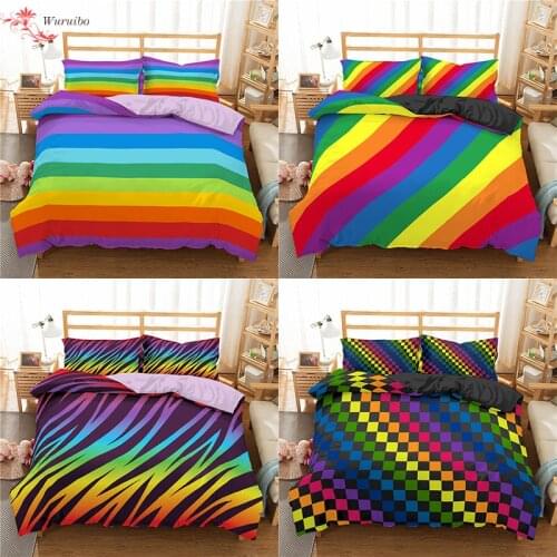 Homesky Rainbow Printing Bedding Set Colorful Stripe Comforter Bedding Set 100% Microfiber Bed Linen King Queen Size Bedclothes