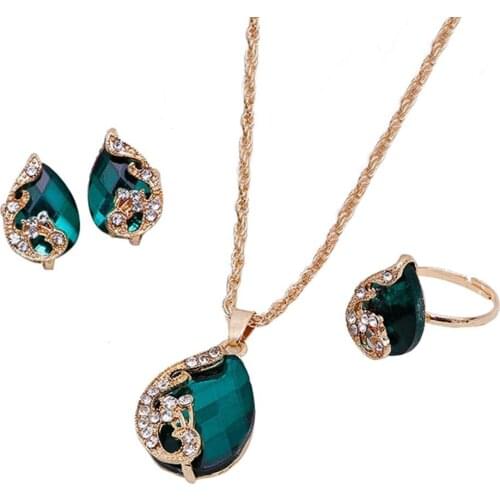 Women Jewelry Set Shiny Water-Drop Shape Rhinestone Necklace Earrings Ring Gift Peacock Crystal Korean Jewelry Set
