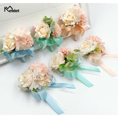 Meldel Ribbon Silk Flower Groomsman Boutonniere Corsage Wedding Wrist Corsage Bracelet Bridal Flower Wedding Bracelets for Women