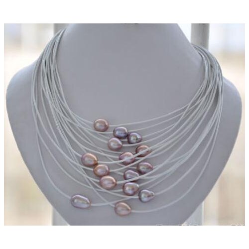 Elegant Handmade Real Pearl Jewelry 15 Rows 13mm Lavender Rice Freshwater Pearl White Leather Necklace 20inch
