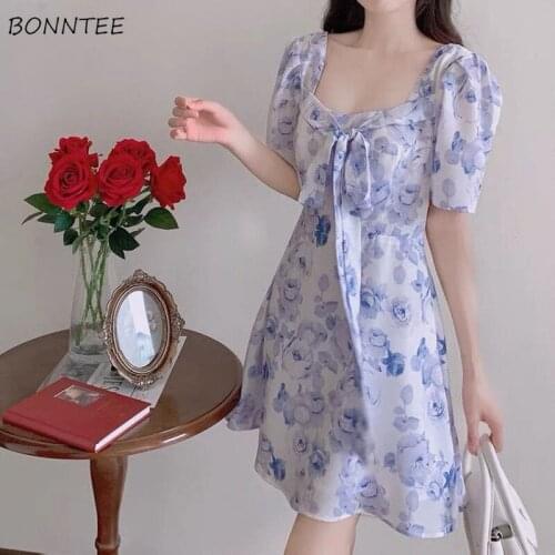 Dress Women Leisure Elegant Retro Mini Summer Oil Painting Tunic Girls Vestido Fashion Brisk Square Collar Cozy Bowknot Printed
