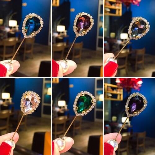 Light Pink Green Blue Pink Double-Head Waterdrop Simple Rhinestone Pins White Simulated Pearl Golden Alloy Brooches for Women