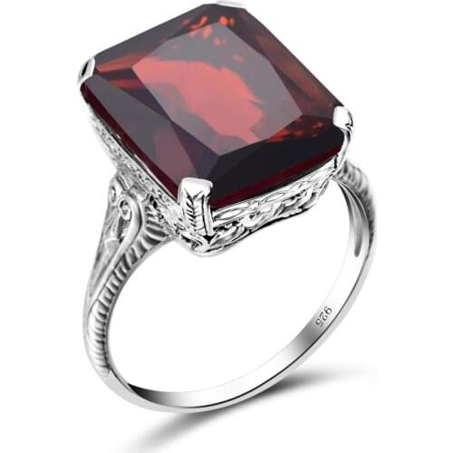 Szjinao Silver Ring For Women Real 925 Sterling Silver Gemstone Ring Garnet Square Elegant Trendy Party Handmade Fine Jewelry