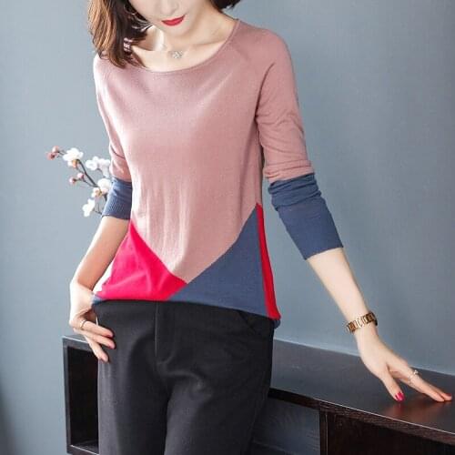Knitted pullovers Splice thin sweater Woman O-neck Female Long sleeve Loose sweaters casual Autumn Winter Jumper Ladies sweater