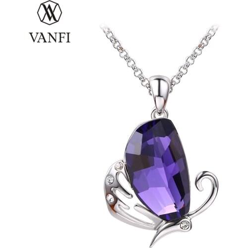 Kfvanfi Rhinestone Purple Grey Crystal Jewelry Pendant Necklace Butterfly Necklace