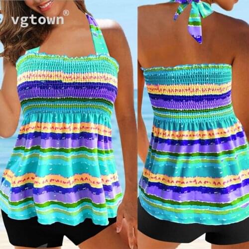 Plus Size 5XL Women Backless Tankini Set Summer Beach Strip Printed Two Piece Swimwear Female Swimming Suit Bathing Suit