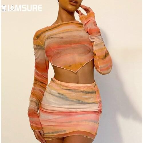 IAMSURE Printed Drawstring Mesh Dress Set Women See Through Clubwear Sexy Slim Y2K 2 Pieces Sets Long Sleeve Crop Top Mini Skirt