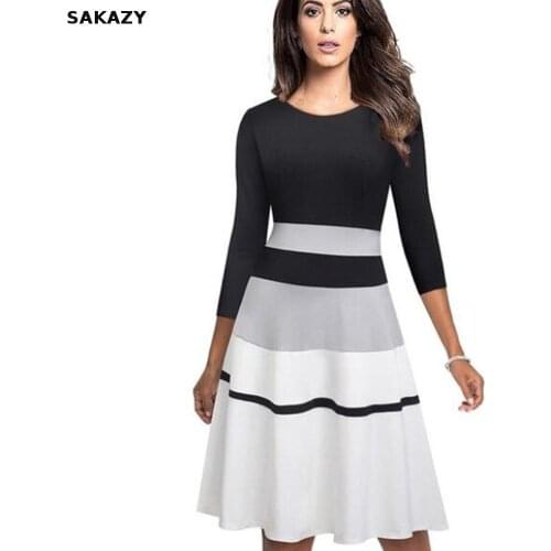 Dresses For Women 2021 Elegant Autumn Patchwork Three Quarter Sleeve Bodycon Dress Vintage O-neck High Waist Party Dress Vestido