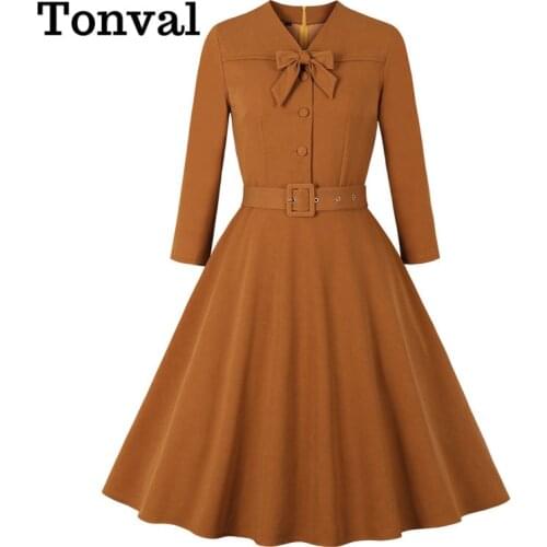 Tonval Bow Front Button Up Solid Elegant 3/4 Length Sleeve Autumn Winter Dress 2021 Women Vintage Style Belted Swing Dresses