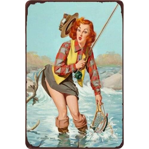 Pin Up Girl Angler Fishing.12 X 8 Inch Tin Sign Vintage Iron Painting Metal Plate Decor Club Cafe Bar