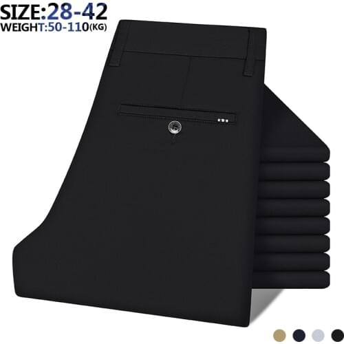 Summer Formal Pants Men Thin Cotton Elastic Straight Bussiness Loose Suit Black Blue Khaki Large Size 40 42 Office Trousers Male