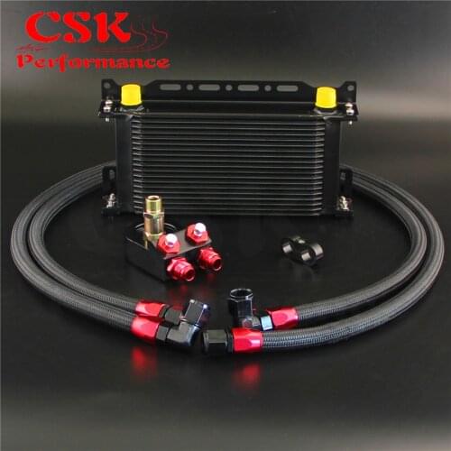 Black 19 Row AN10 Oil cooler w/Bracket +3/4*16& M20*1.5 Filter Adapter Hose Kit