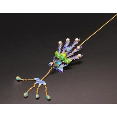 Ancient silver method, gold craftsmanship, Ming and Qing burnt blue filigree enamel, phoenix tassel hairpin, silver gold hairpin