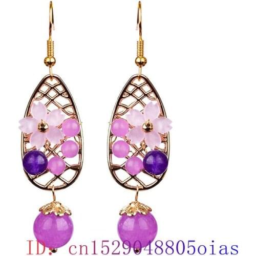 Purple Jade Flower Earrings Zircon 925 Silver Gemstone Jewelry Women Amulet Crystal Natural Chalcedony Charm Fashion Gifts