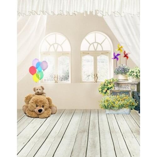 5x7ft Wooden Floor Cute Bear Flowers Photography Backdrops Photo Props Studio Background